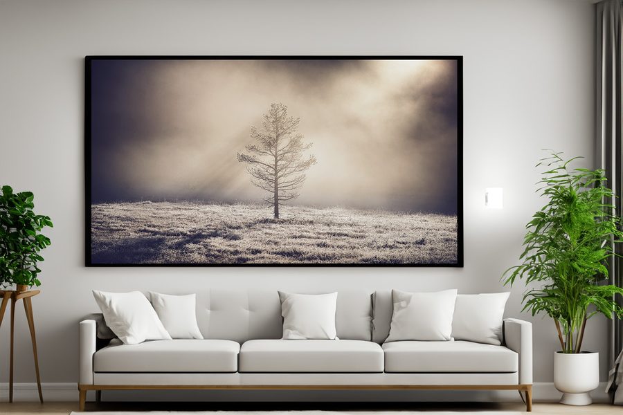 Stort svart-hvitt fotografi av et ensomt tre i tåke, i ramme over en sofa i en stue