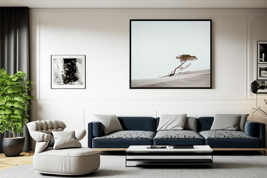 Innrammet fotografi av et vindblåst tre på en sanddyne, hengt på en stuevegg